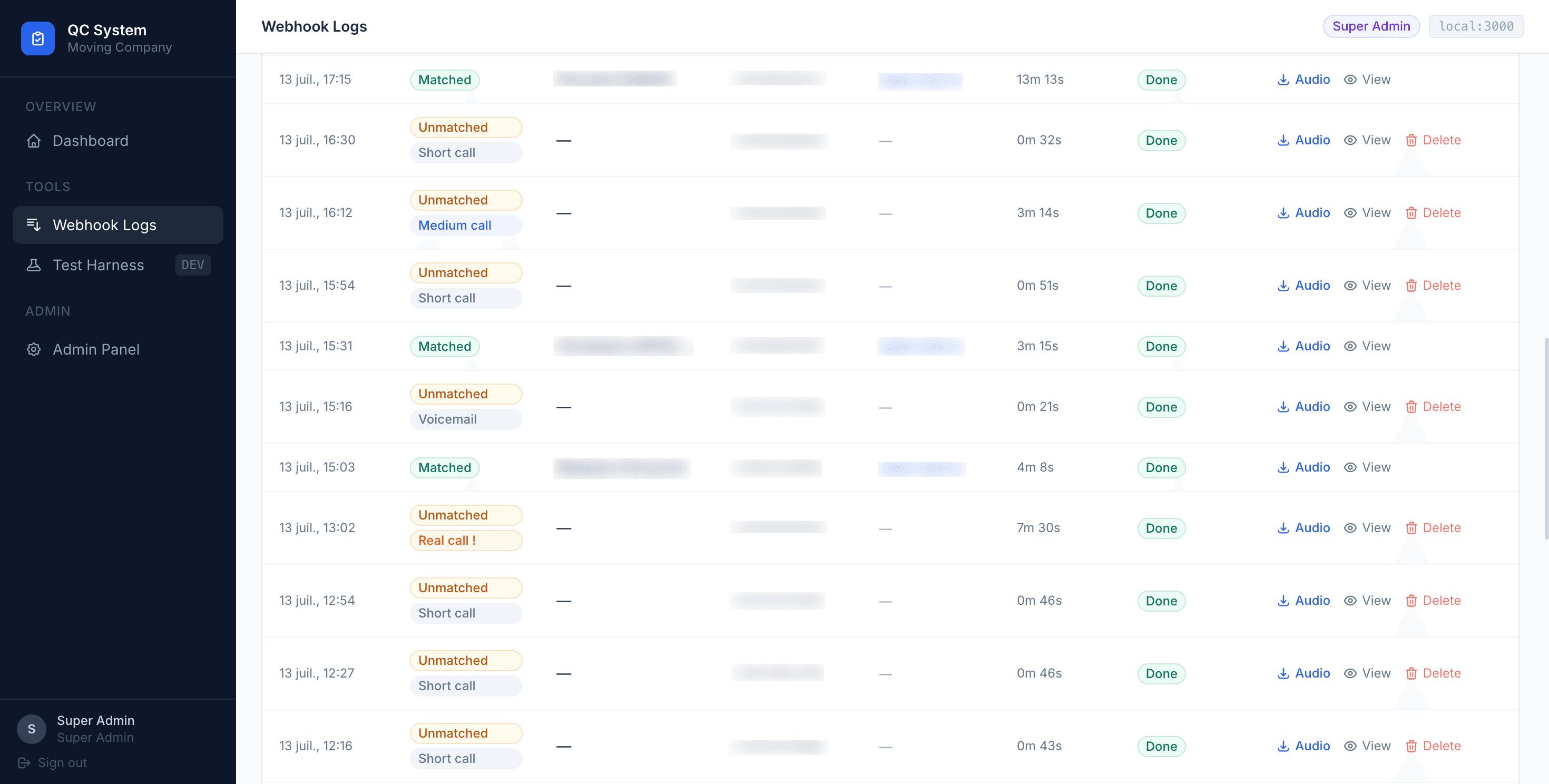 Webhook logs — Ringover calls matched and unmatched against cases