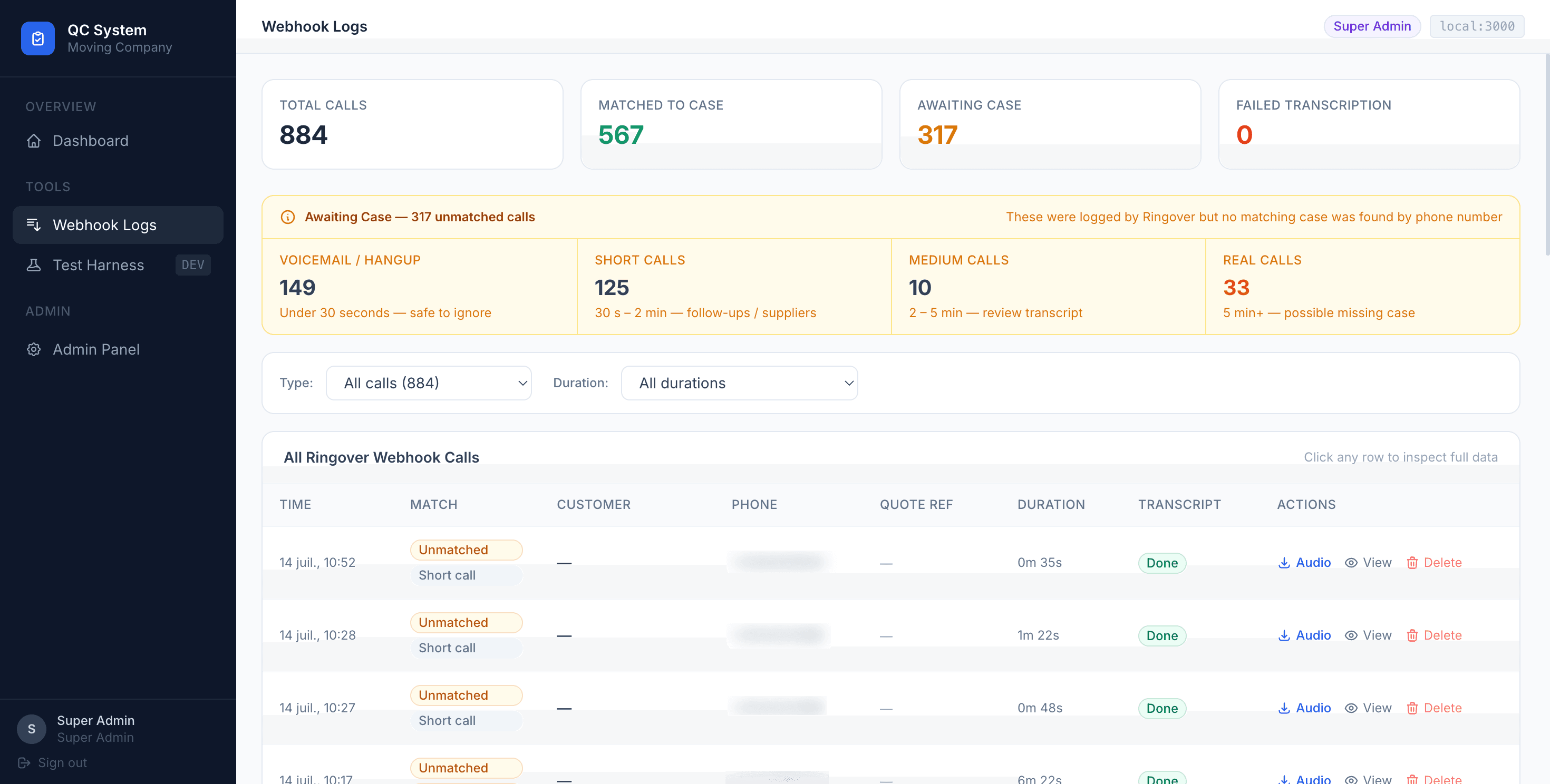 Pending calls breakdown panel — unmatched calls categorised by duration