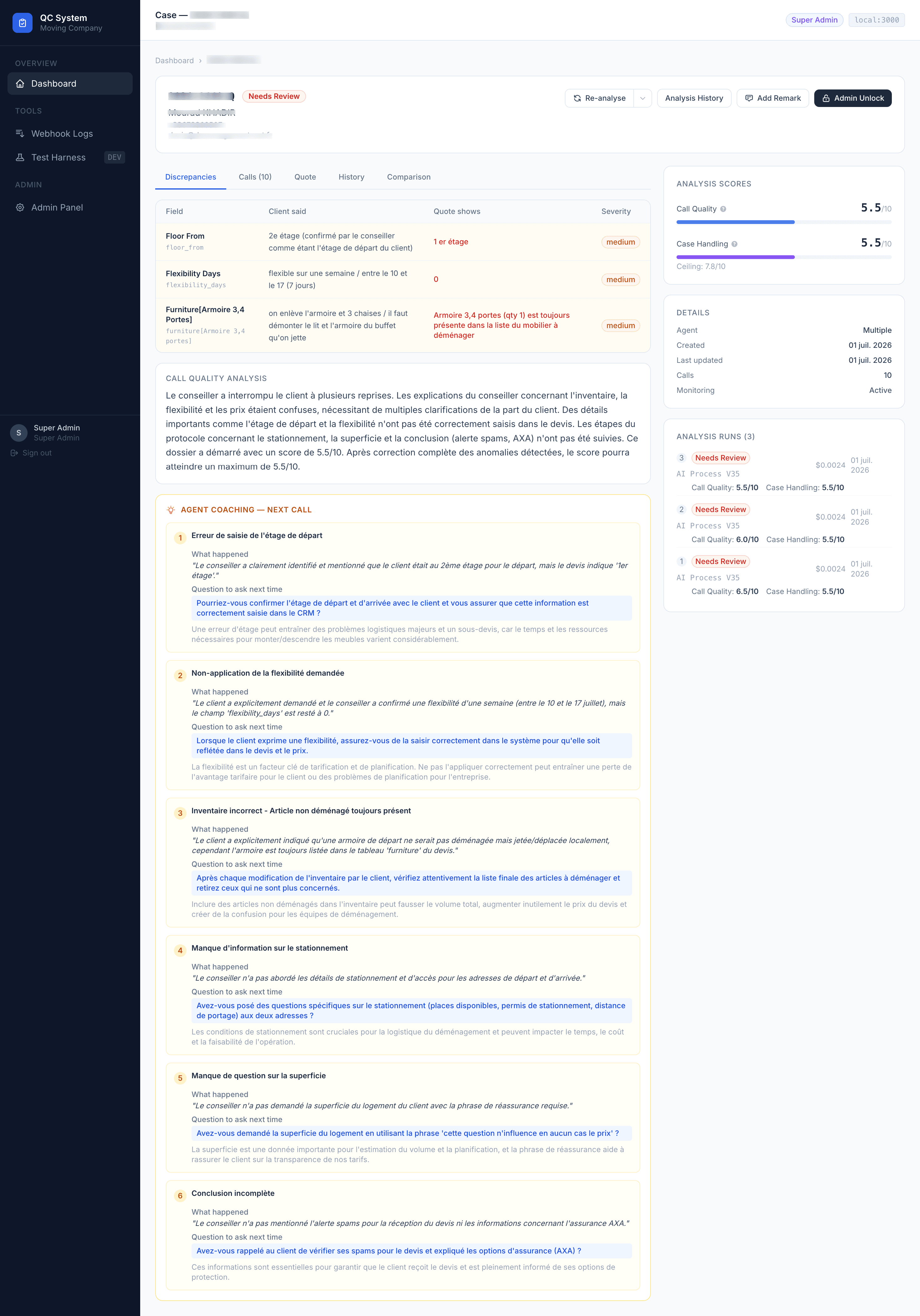 Case detail view — discrepancies, call quality scores, and agent coaching notes