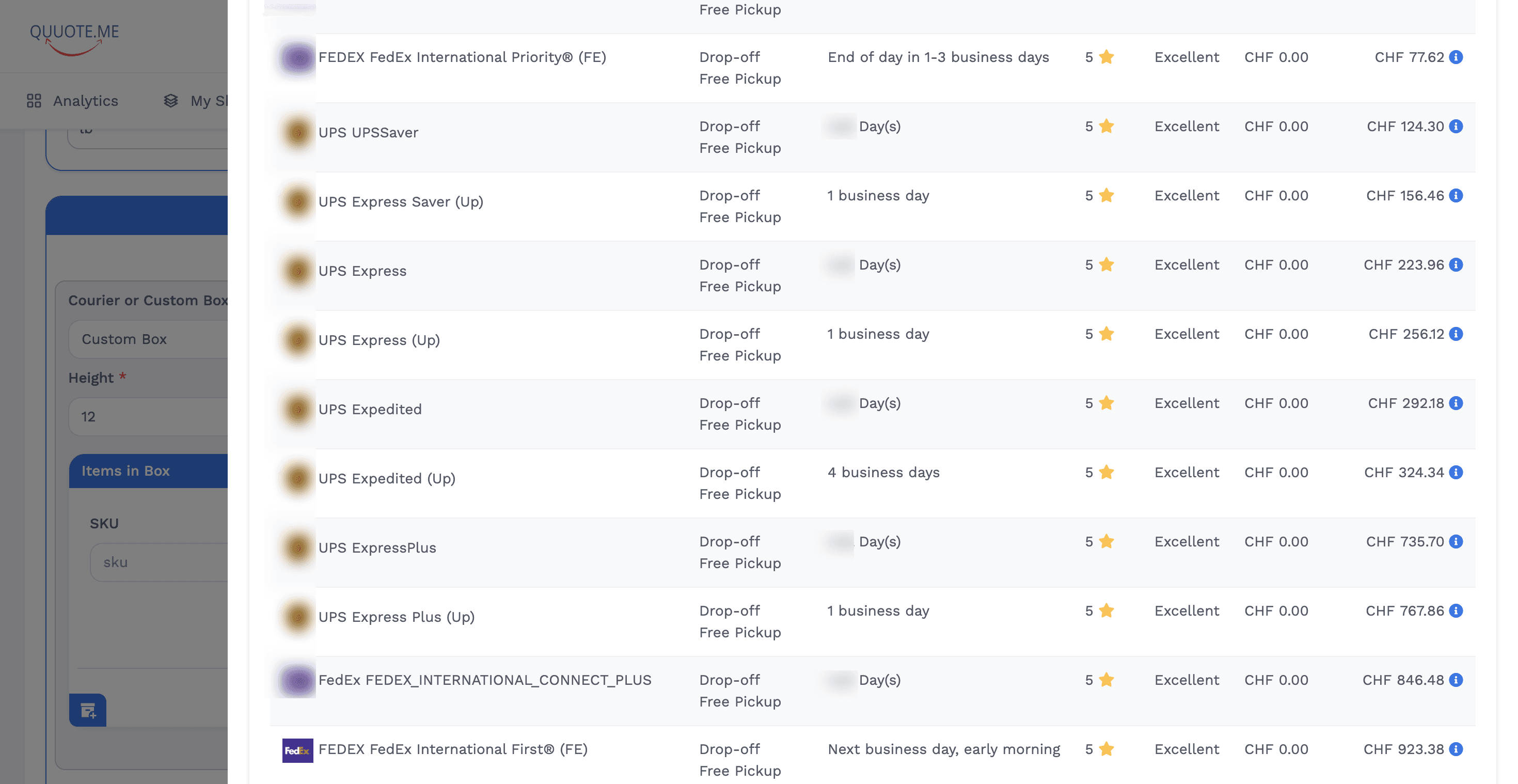 Rate comparison view