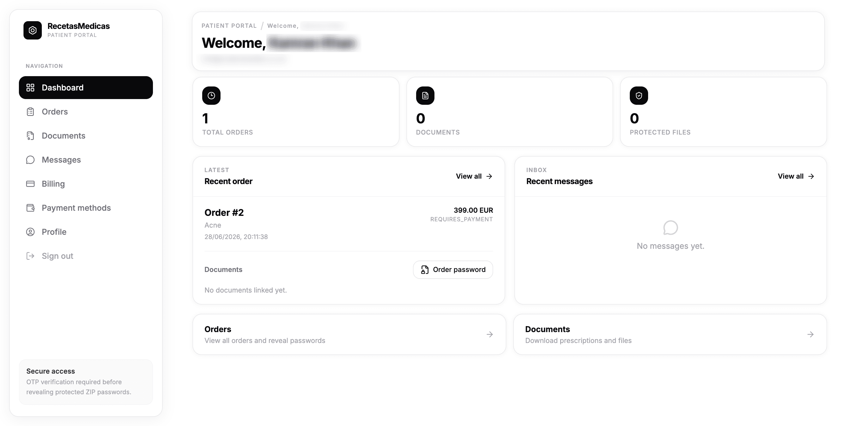 RecetasMedicas patient portal dashboard — orders, documents, and messages