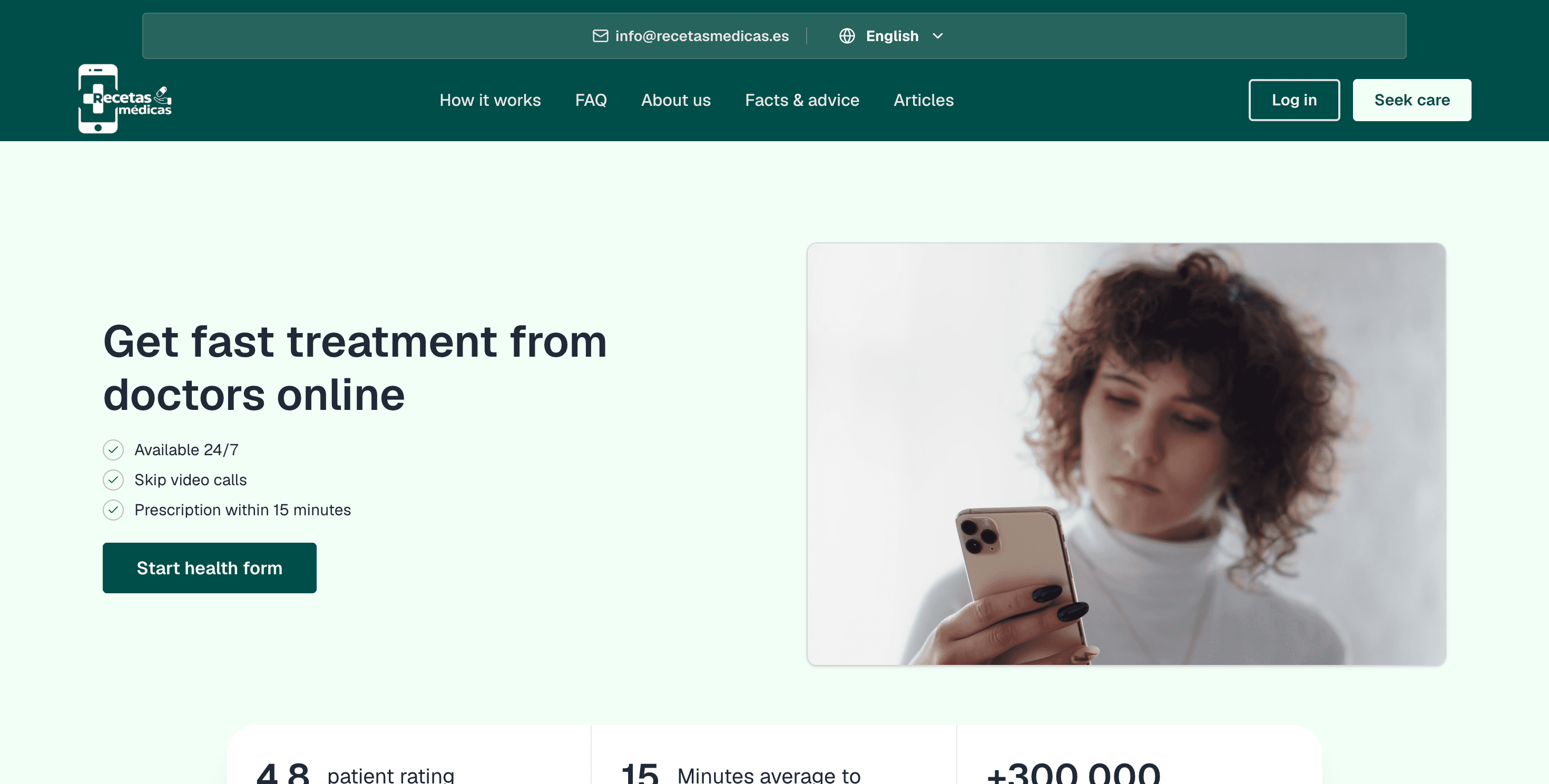 RecetasMedicas patient-facing homepage — get fast treatment from doctors online