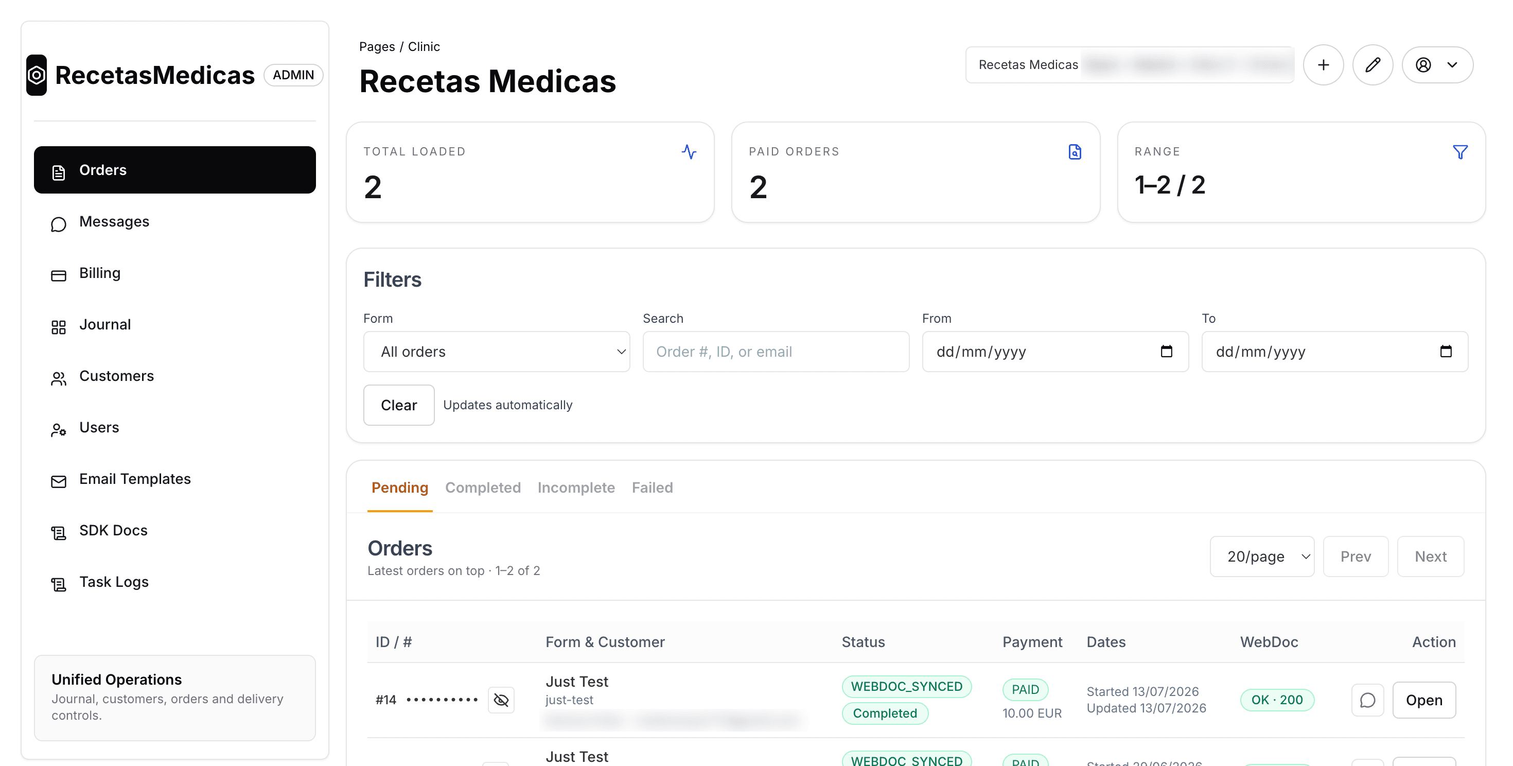 RecetasMedicas admin panel — clinic orders, WebDoc sync status, and operations controls